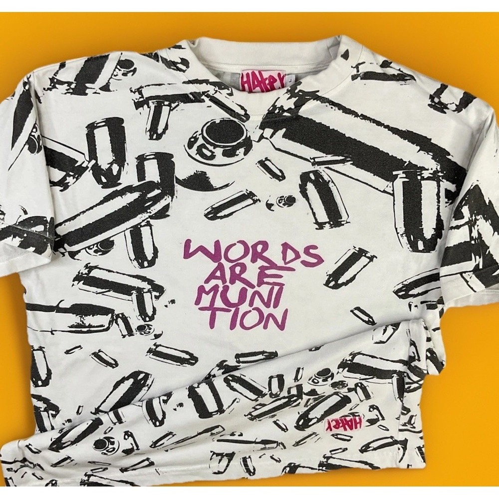 Vintage Hater T-Shirt Men Sz L Words Are Munition AOP Graphic Tee Short Sleeve